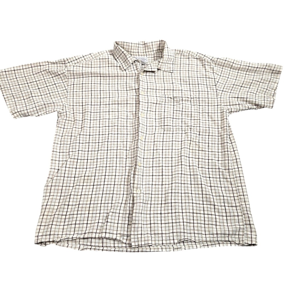 Vintage Arizona Short Sleeve Button Up Shirt Mens XL‎ Tan Plaid Linen Blend 90s